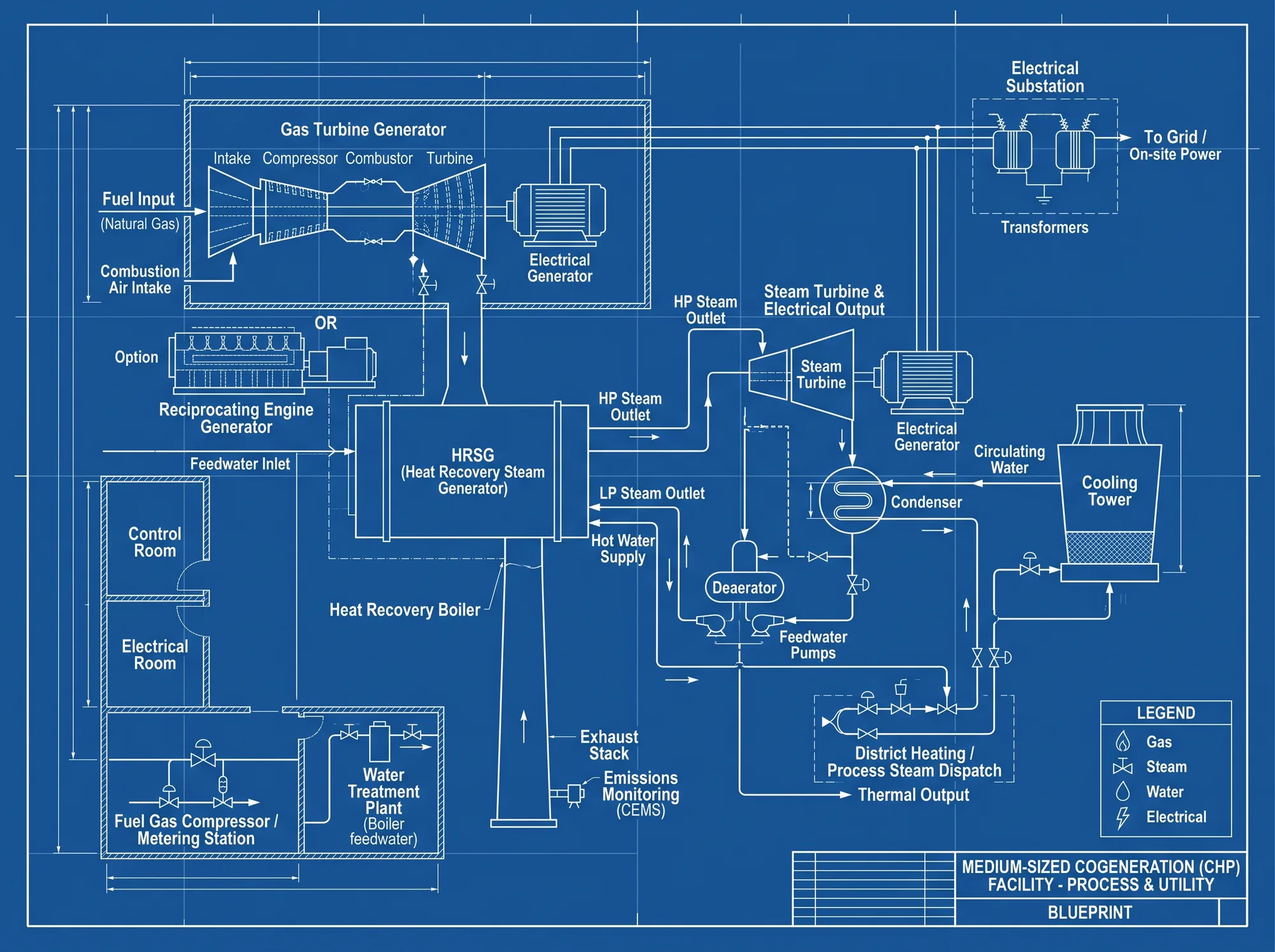 Process diagram of a medium sized cogeneration facility: gas turbine generator, heat recovery steam generator, steam turbine, condenser and cooling tower, with electrical output to a substation and thermal output to district heating or process steam