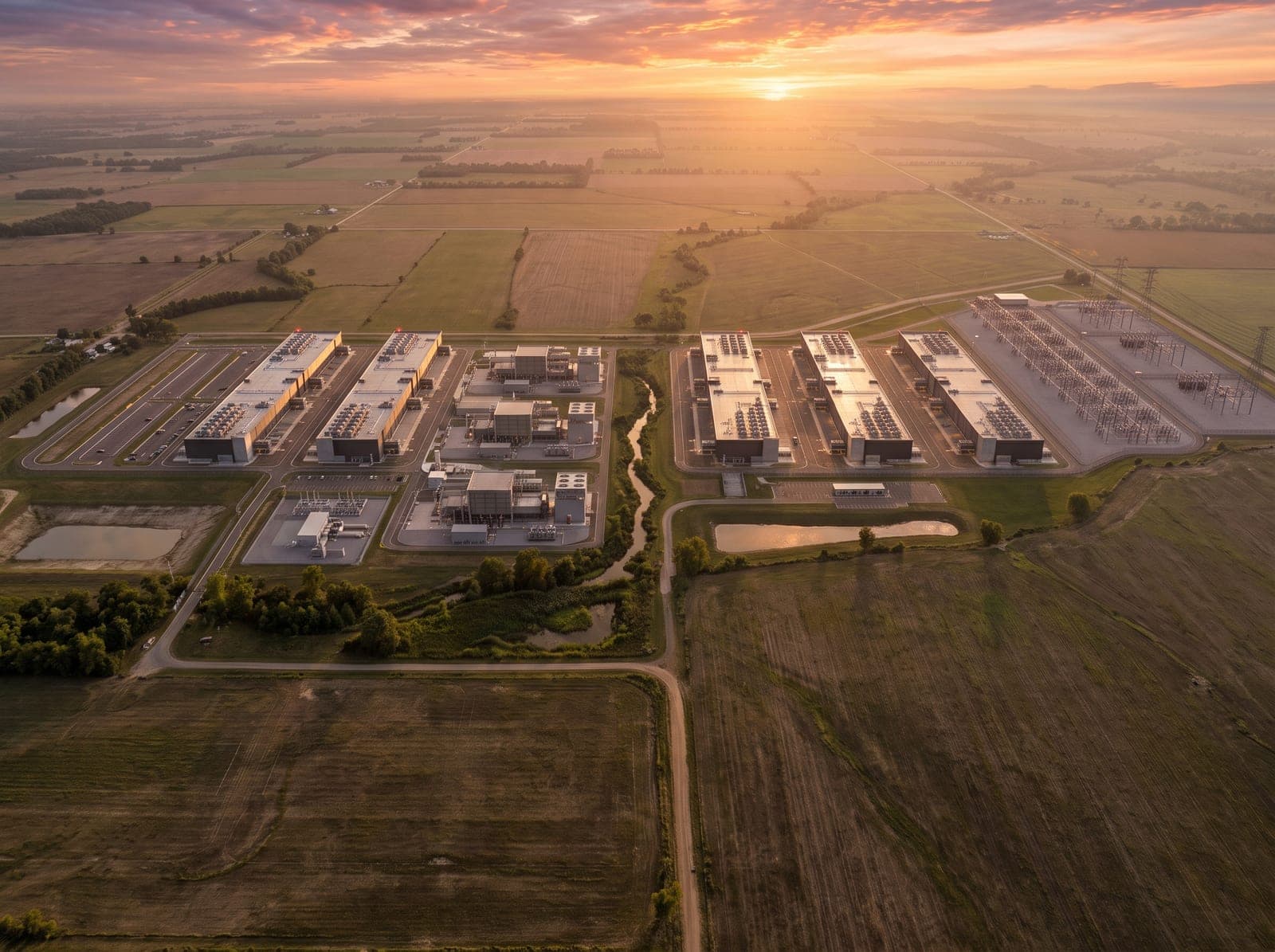 AI rendering of the colocation campus at full build, seen from the air