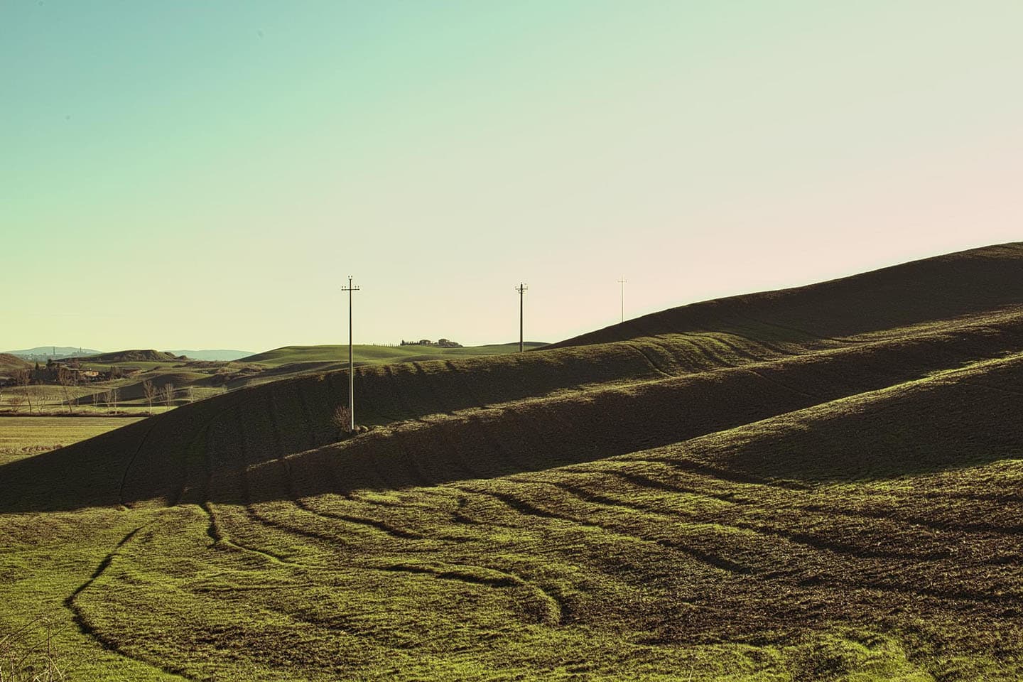 Farmland crossed by a distribution line, at low sun