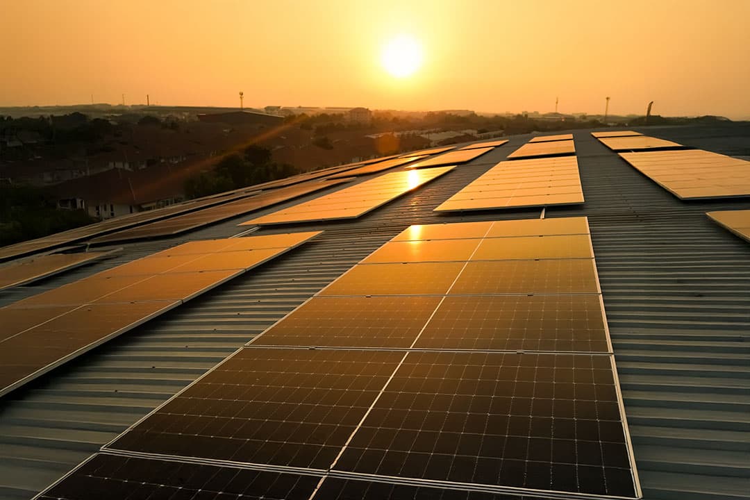 Rooftop photovoltaic array at sunset