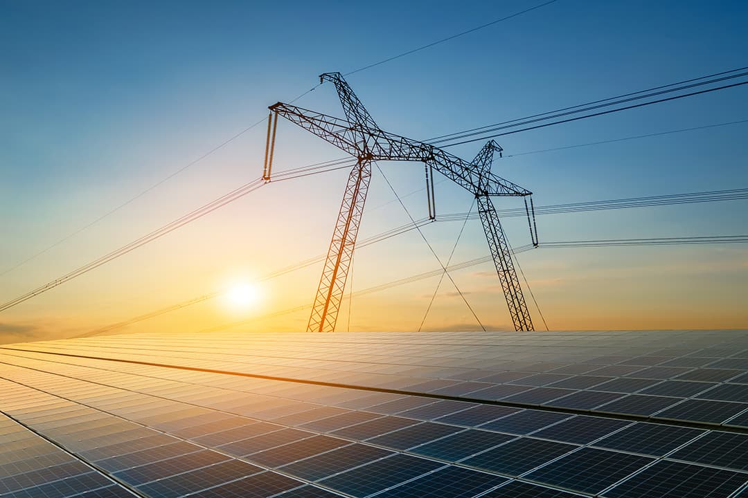 Transmission tower standing over a photovoltaic array